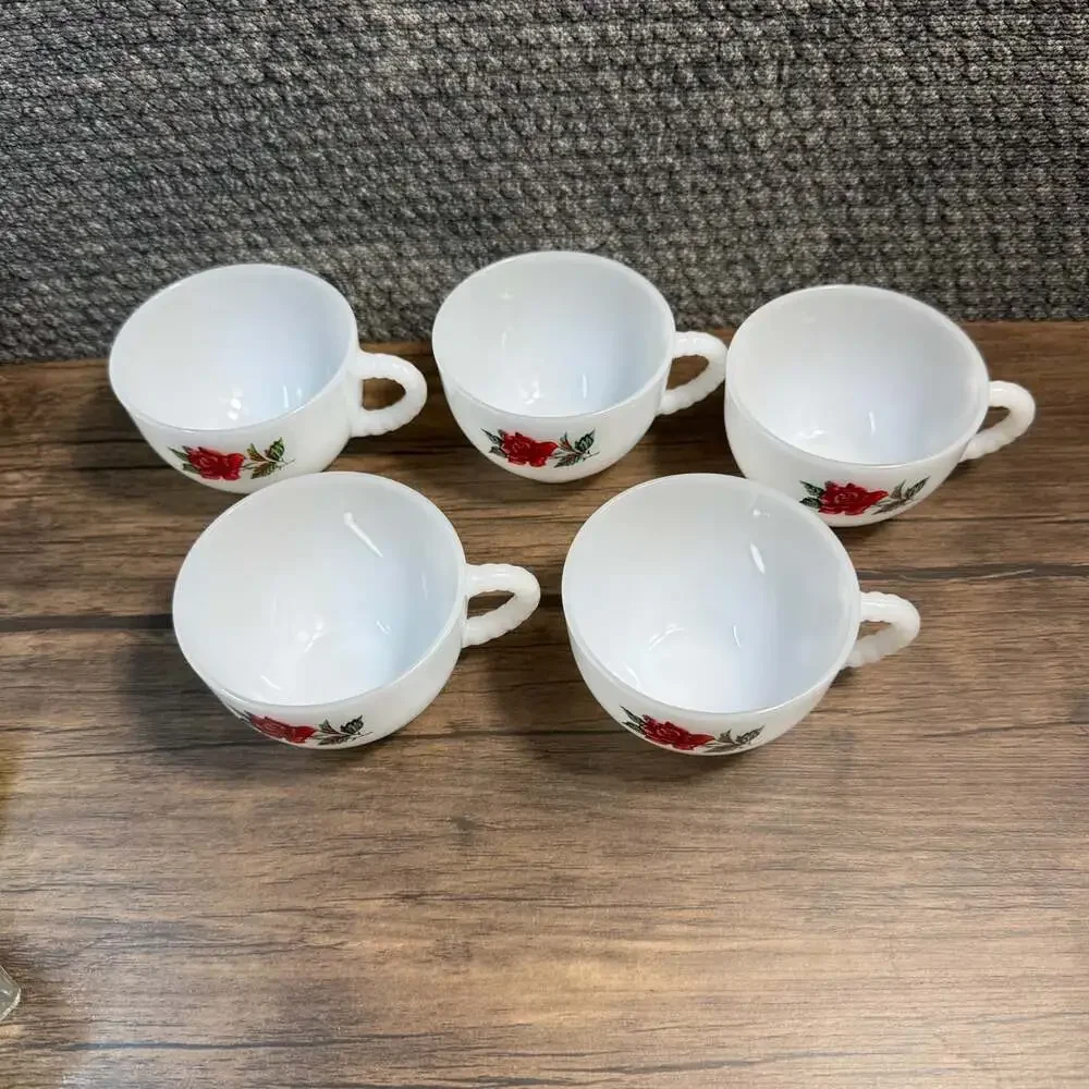 Vintage Rosecrest Federal Milk Glass Cups Red Rose Pattern Set of 5